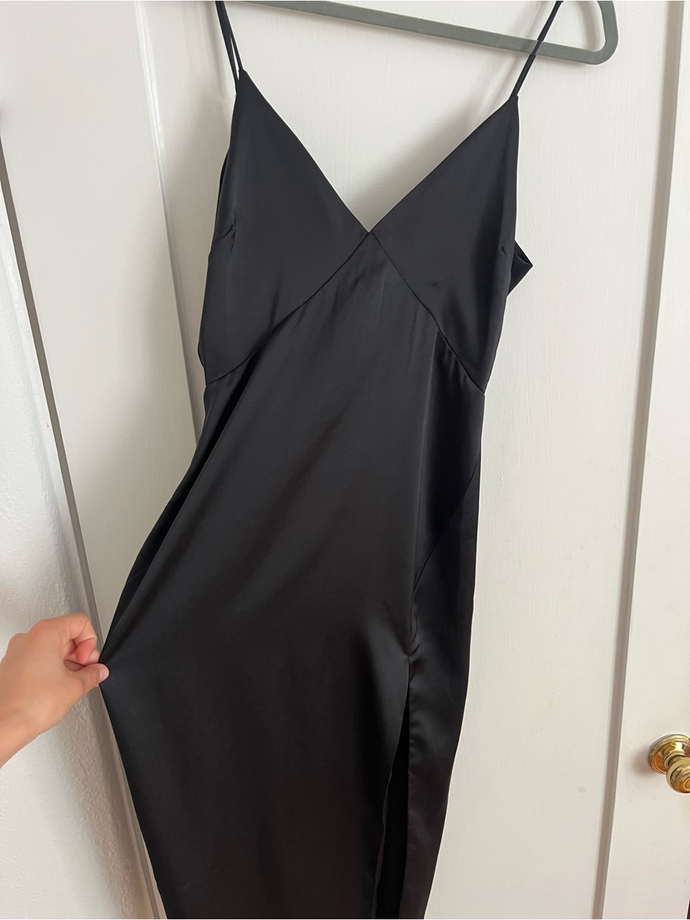 Satin Slip Midi Dress With Slit - Black